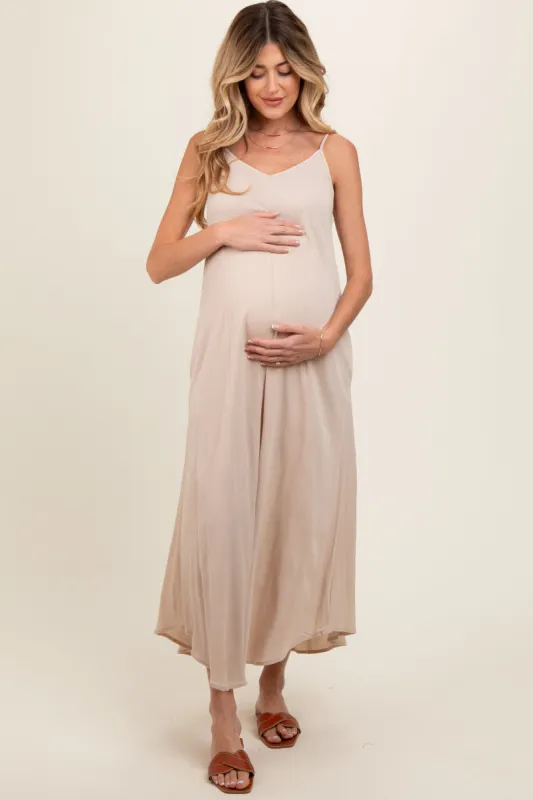 Taupe Lightweight Sleeveless V-Neck Maternity Maxi Dress sold by Pinkblush