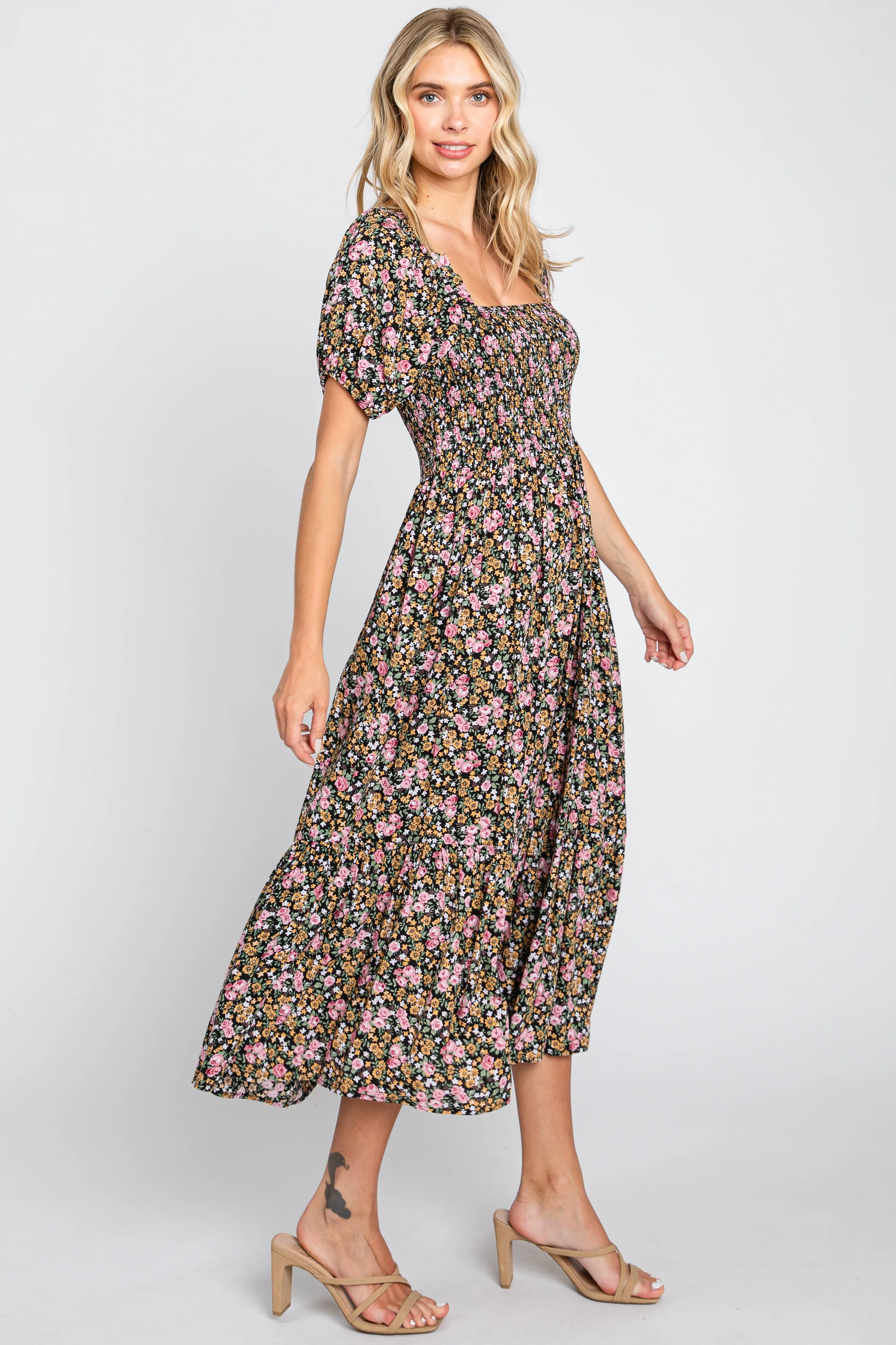 Pink Floral Smocked Puff Sleeve Midi Dress sold by Pinkblush product image thumbnail 2