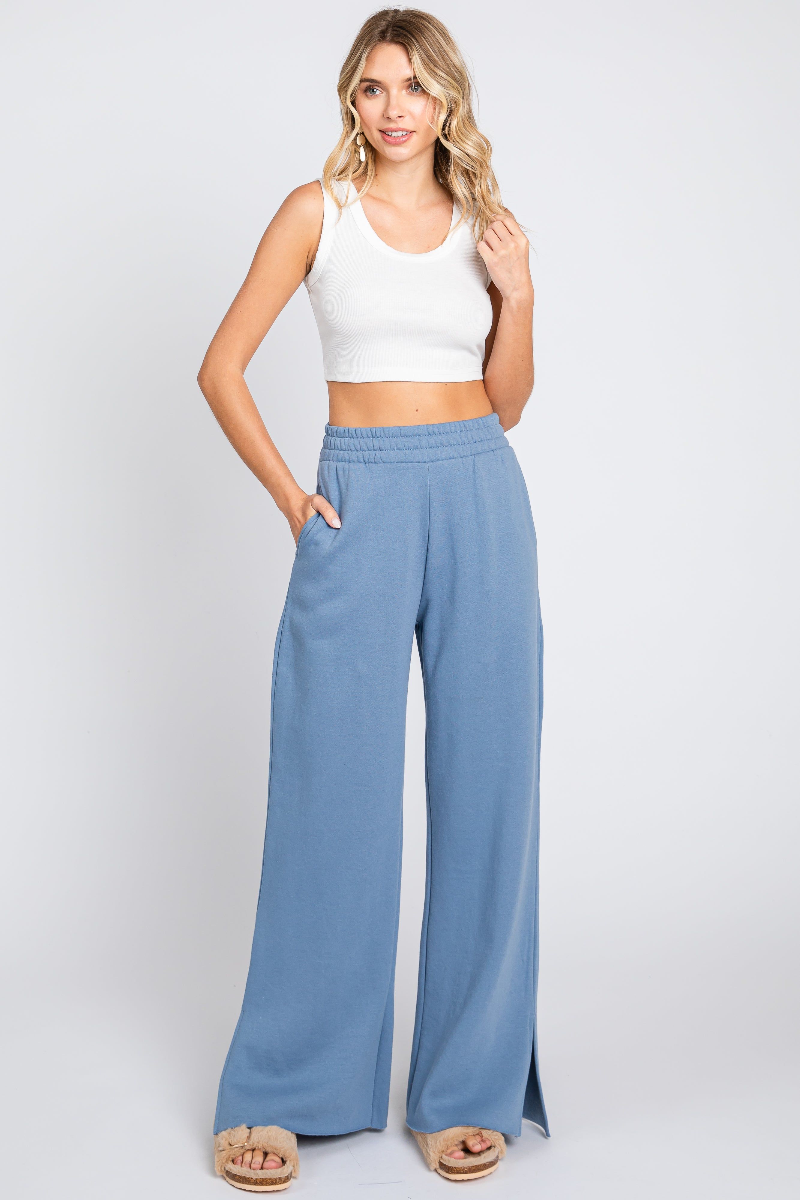 Blue Soft Wide Leg Side Slit Sweatpants sold by Pinkblush