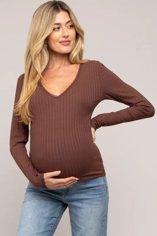 Brown Ribbed Lace V-Neck Maternity Top sold by Pinkblush