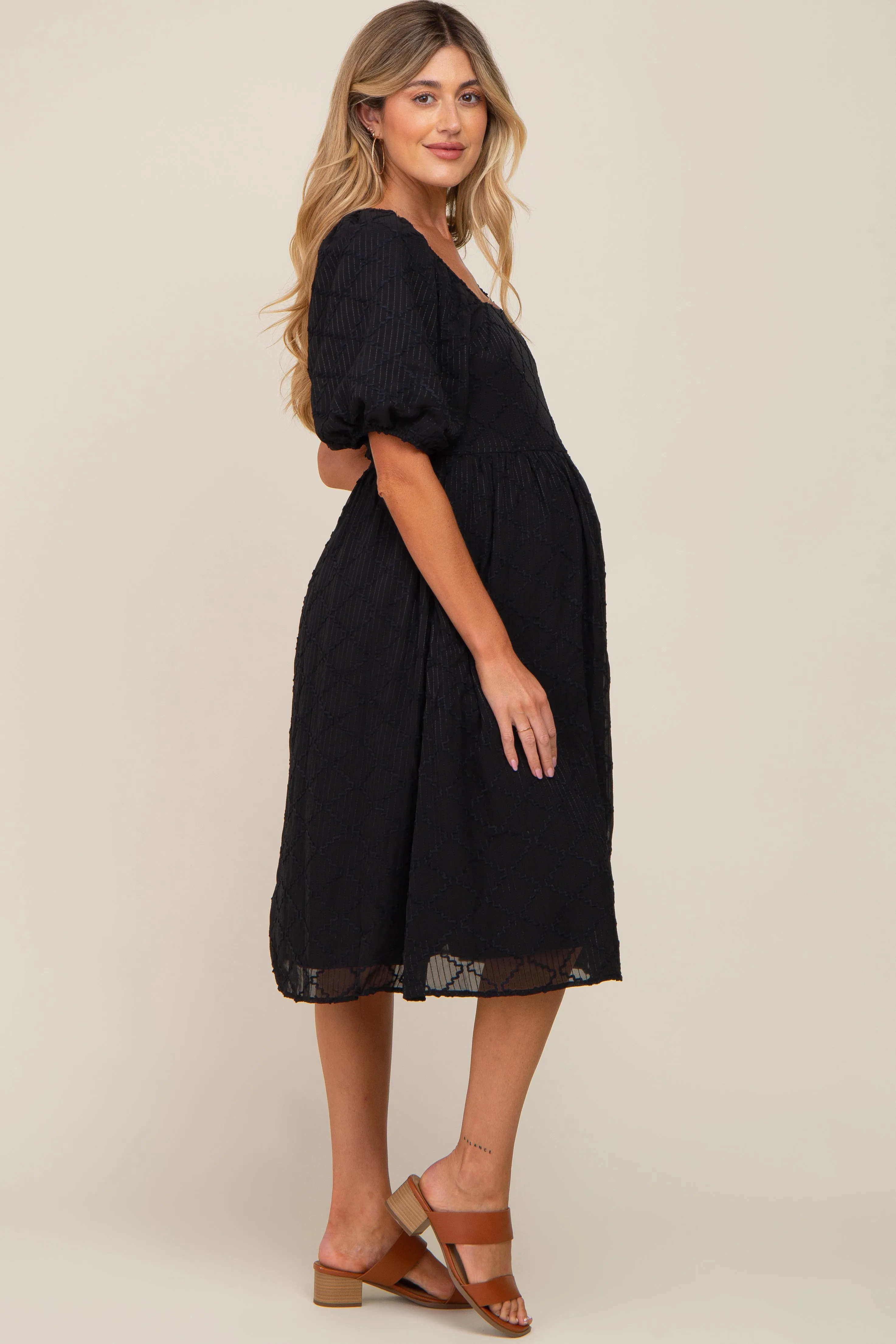 Black Striped Textured Chiffon Maternity Midi Dress sold by Pinkblush product image thumbnail 3