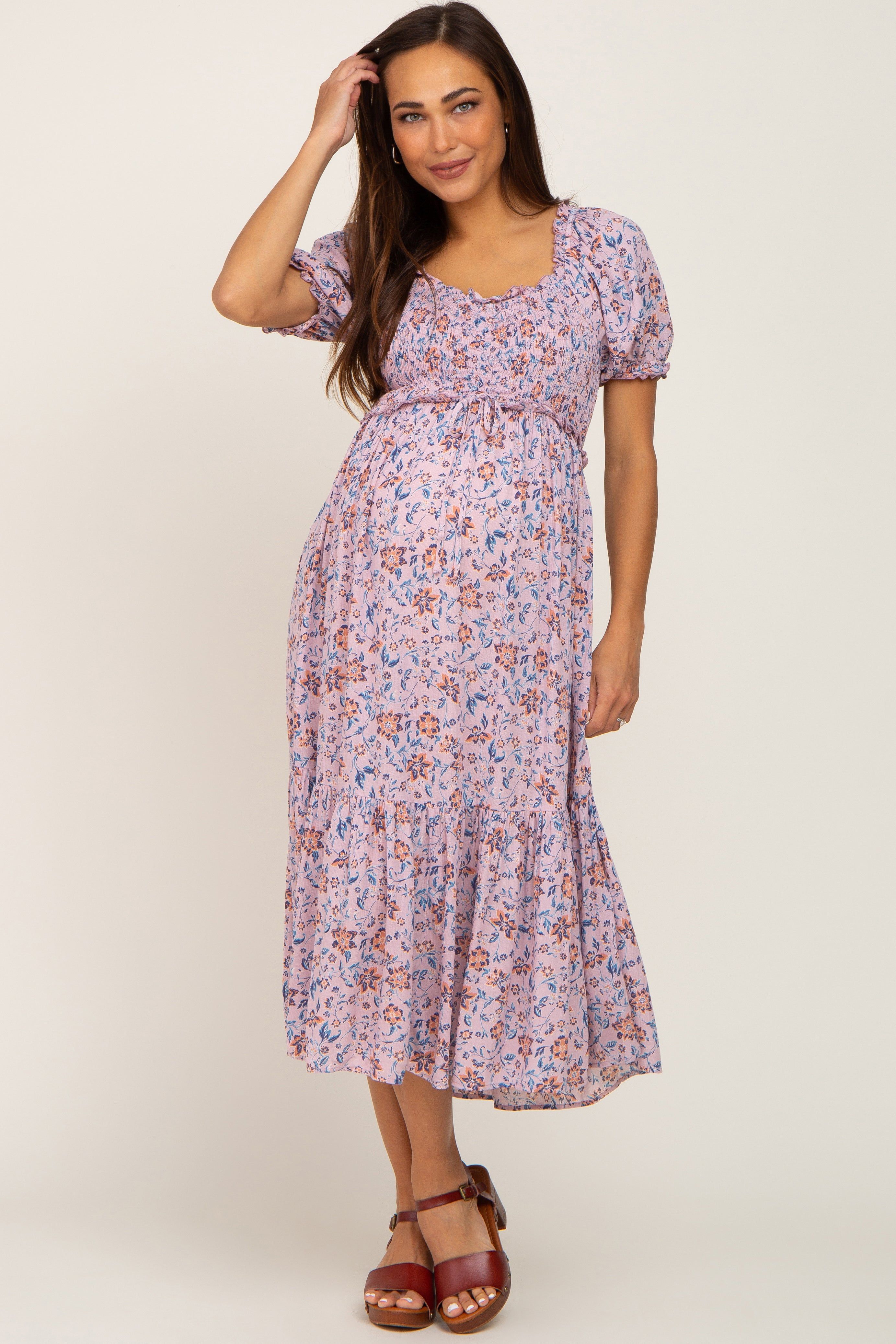 Mauve Floral Smocked Sweetheart Neck Maternity Midi Dress sold by Pinkblush