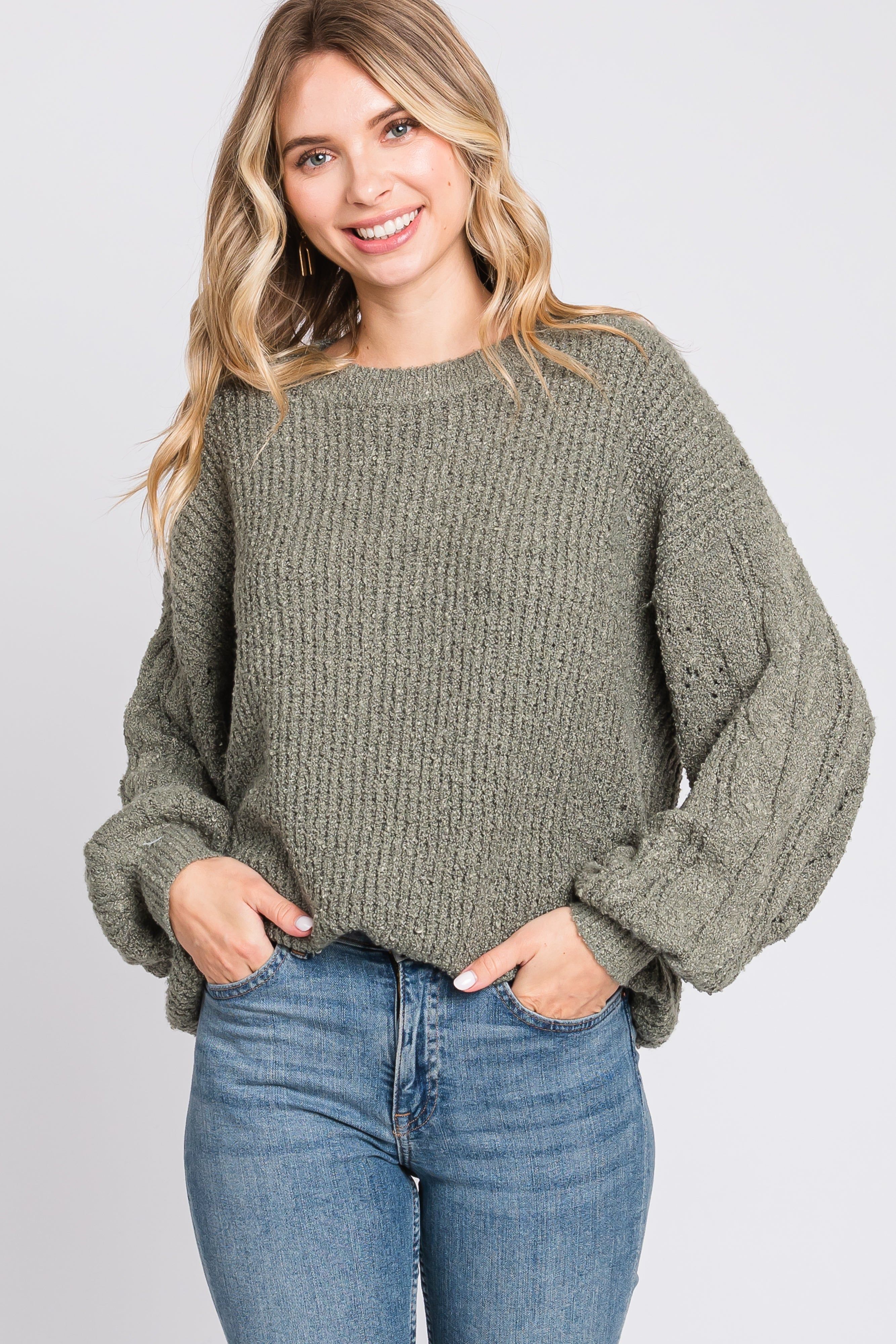 Light Olive Knit Puff Sleeve Sweater sold by Pinkblush