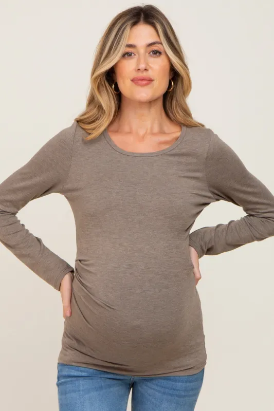 Mocha Ruched Side Long Sleeve Maternity Top sold by Pinkblush