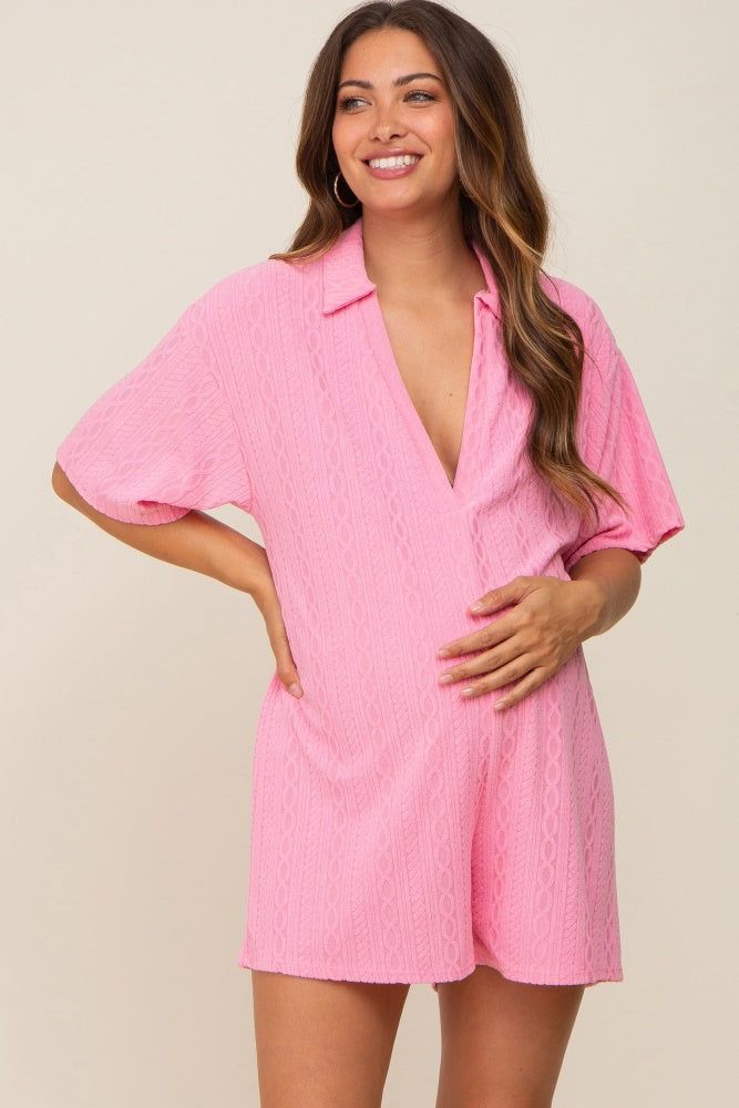Pink Terry Cloth Collared Maternity Romper sold by Pinkblush product image thumbnail 2