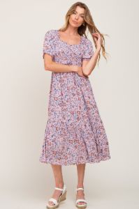 Mauve Floral Smocked Sweetheart Neck Maternity Midi Dress sold by Pinkblush