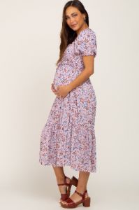 Mauve Floral Smocked Sweetheart Neck Maternity Midi Dress sold by Pinkblush