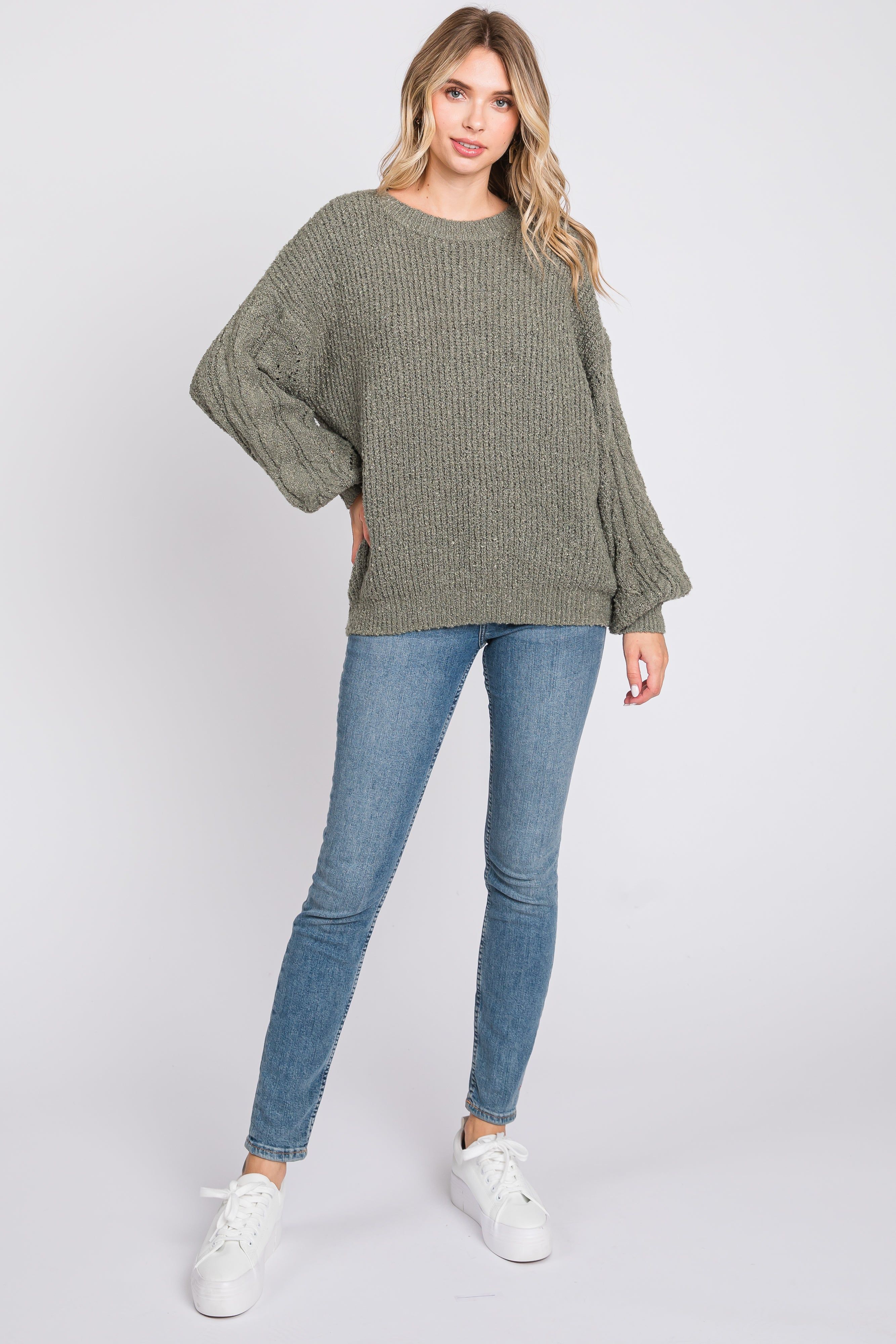 Light Olive Knit Puff Sleeve Sweater sold by Pinkblush product image thumbnail 5