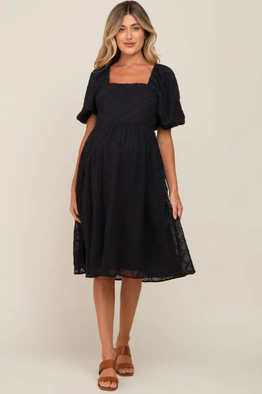 Black Striped Textured Chiffon Maternity Midi Dress sold by Pinkblush