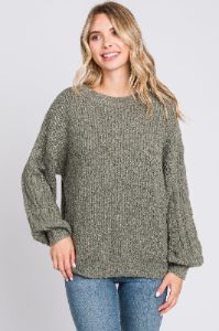 Light Olive Knit Puff Sleeve Sweater sold by Pinkblush