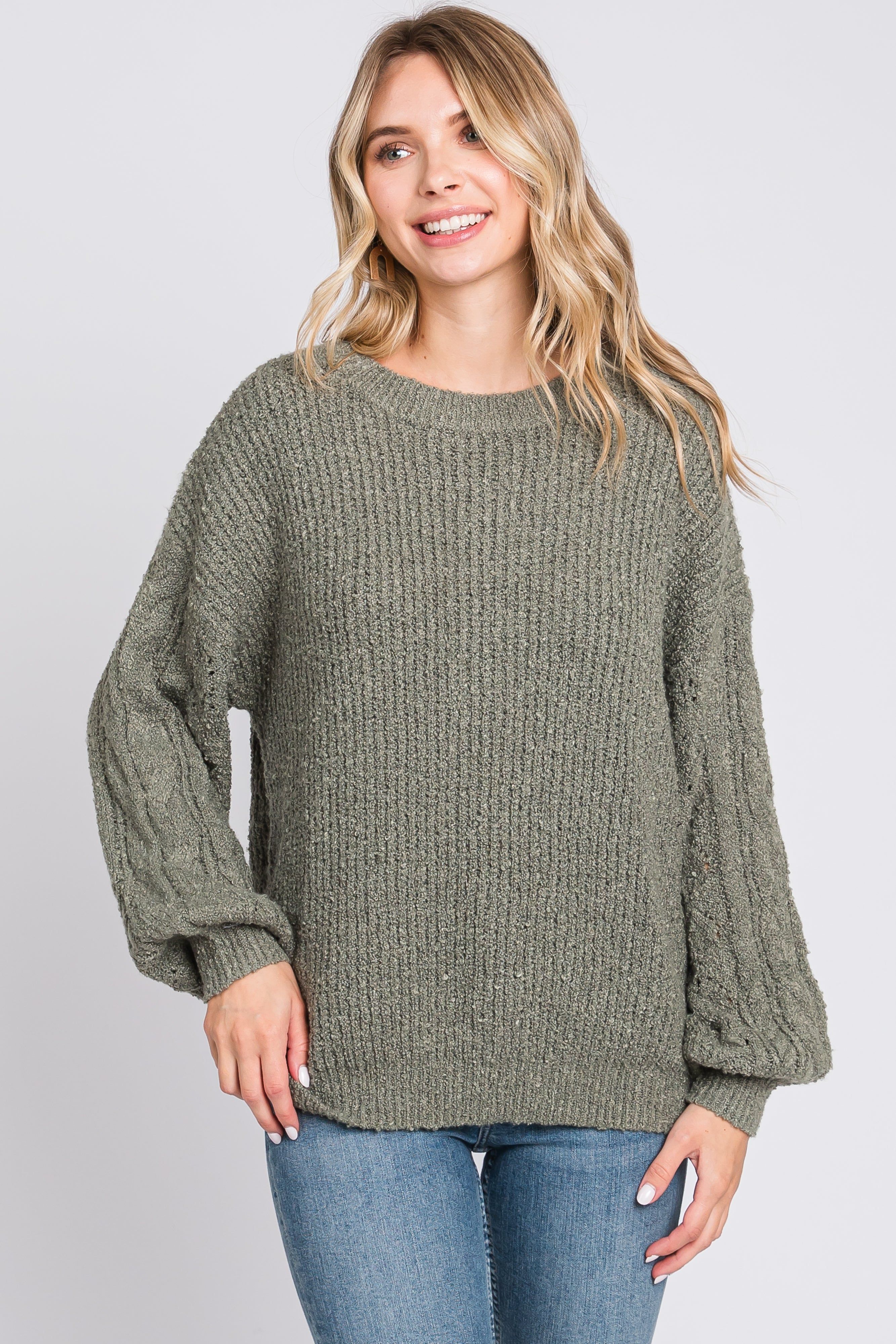 Light Olive Knit Puff Sleeve Sweater sold by Pinkblush product image thumbnail 2