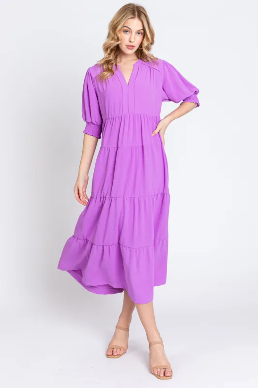 Lavender Short Sleeve Tiered Midi Dress sold by Pinkblush