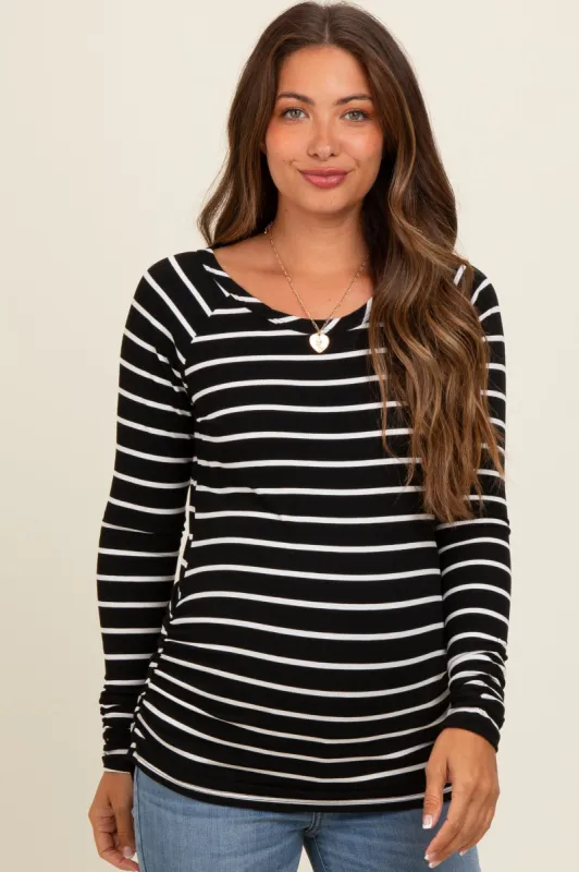 Black Striped Ruched Side Maternity Long Sleeve Top made by Pinkblush