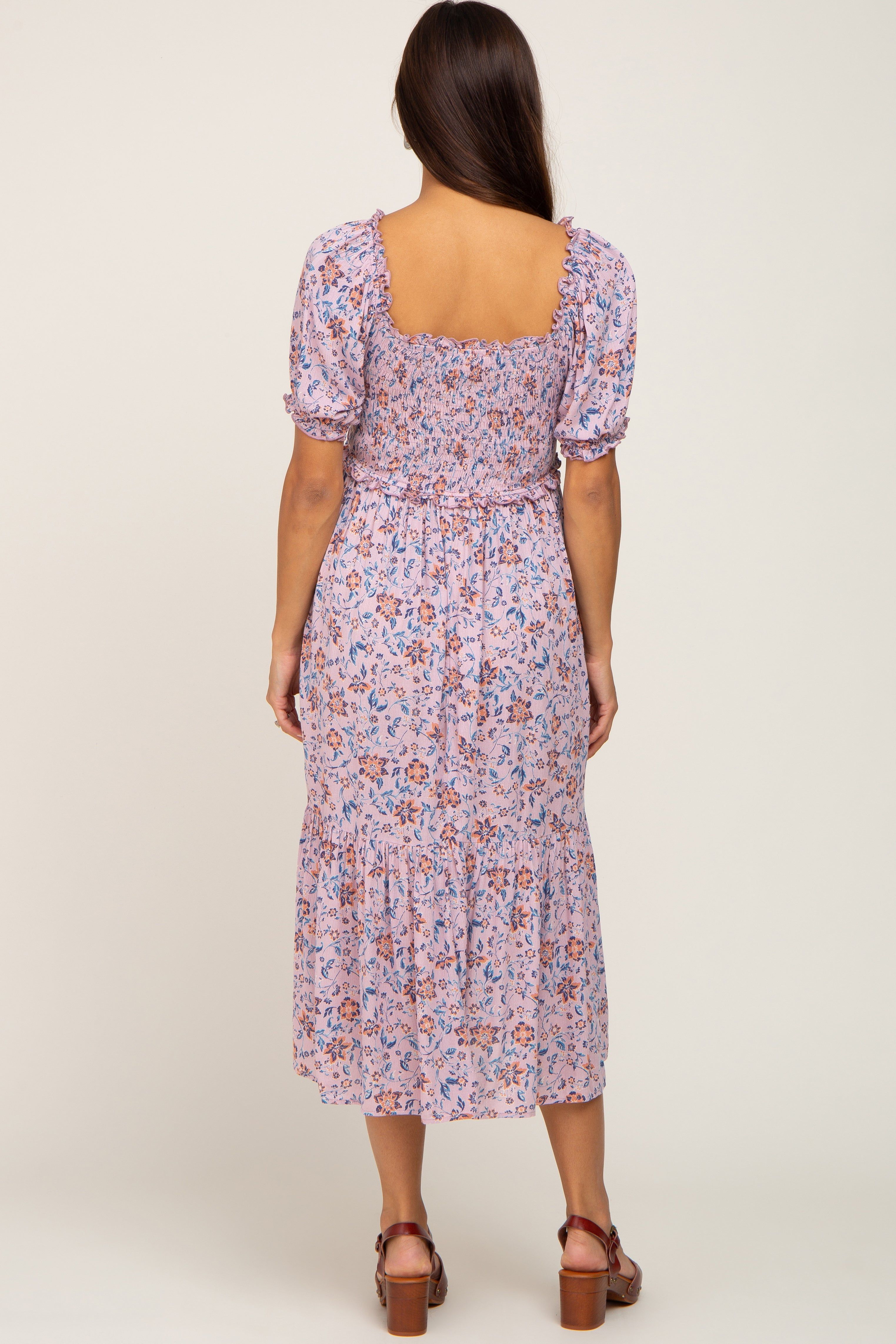 Mauve Floral Smocked Sweetheart Neck Maternity Midi Dress sold by Pinkblush product image thumbnail 3