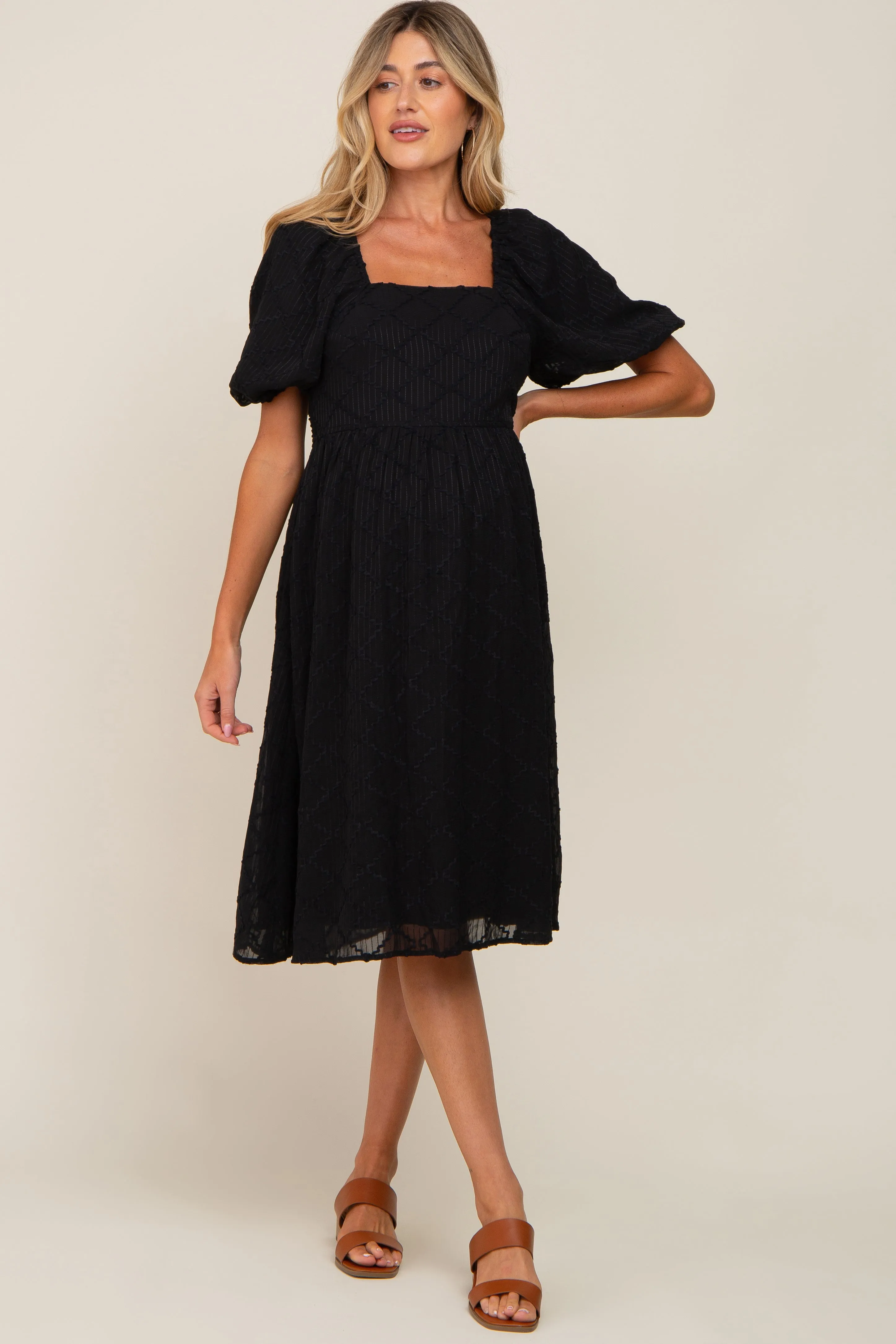 Black Striped Textured Chiffon Maternity Midi Dress sold by Pinkblush product image thumbnail 2