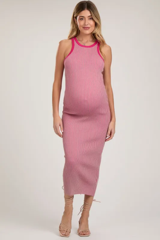 Pink Ribbed Knit Sleeveless Fitted Maternity Midi Dress sold by Pinkblush