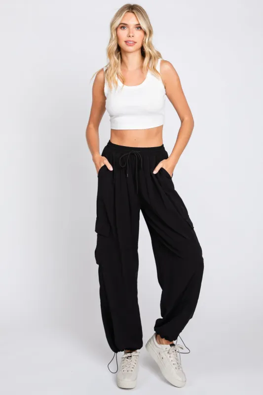 Black Drawstring Waist Cargo Pants sold by Pinkblush