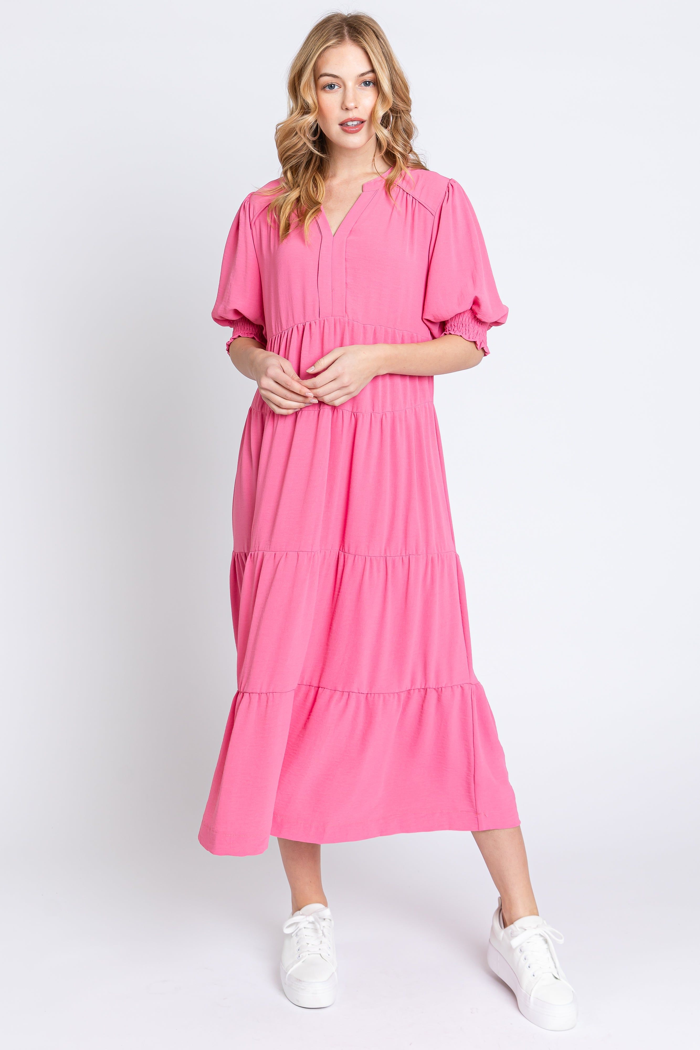Pink Short Sleeve Tiered Midi Dress sold by Pinkblush