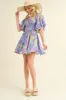 Blue Multi Floral Print Bubble Sleeve Flared Mini Dress sold by Pinkblush