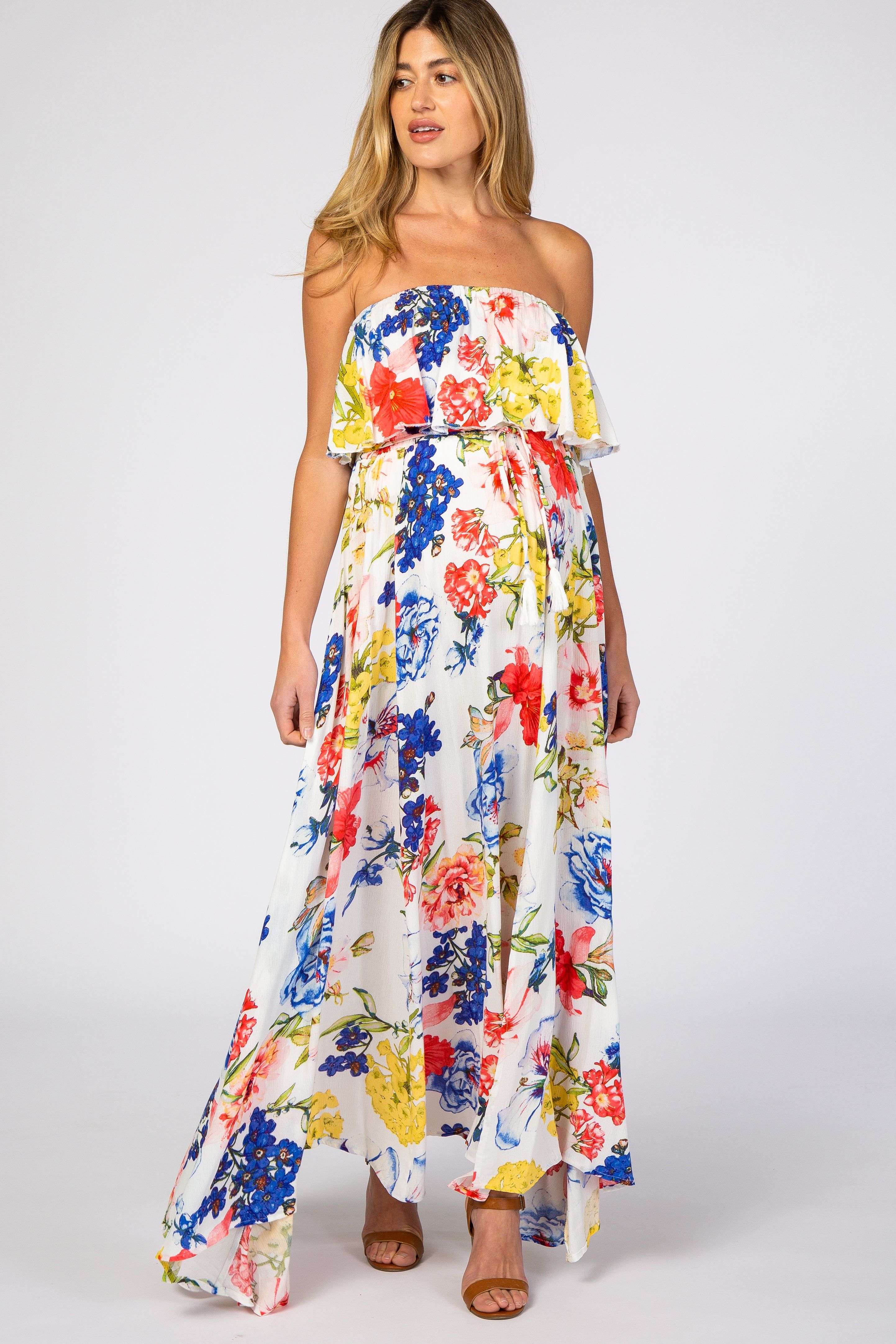 Ivory Floral Strapless Maternity Maxi Dress sold by Pinkblush