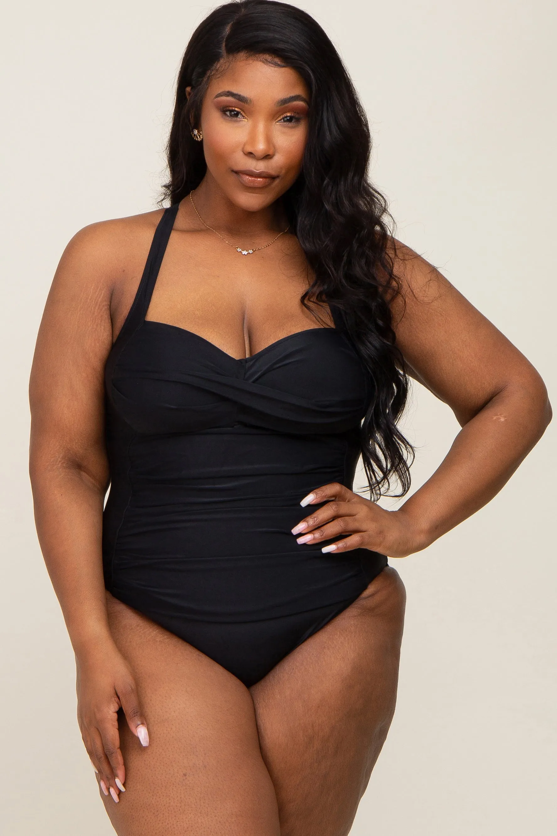 Black Plus Ruched One Piece Swimsuit sold by Pinkblush