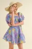 Blue Multi Floral Print Bubble Sleeve Flared Mini Dress sold by Pinkblush