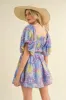 Blue Multi Floral Print Bubble Sleeve Flared Mini Dress sold by Pinkblush