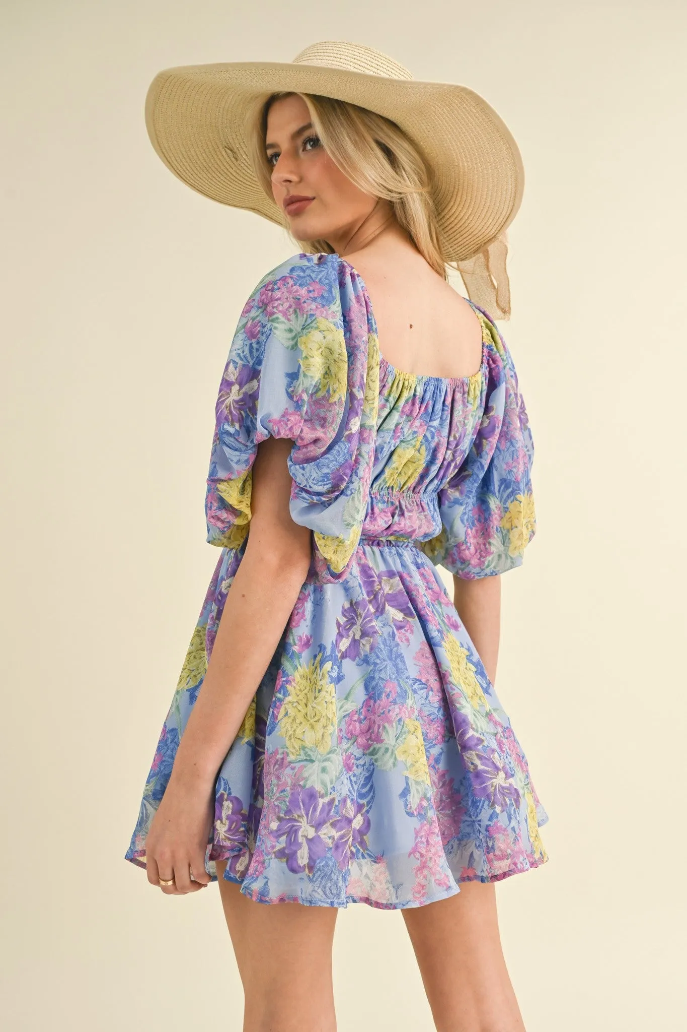 Blue Multi Floral Print Bubble Sleeve Flared Mini Dress sold by Pinkblush product image thumbnail 3