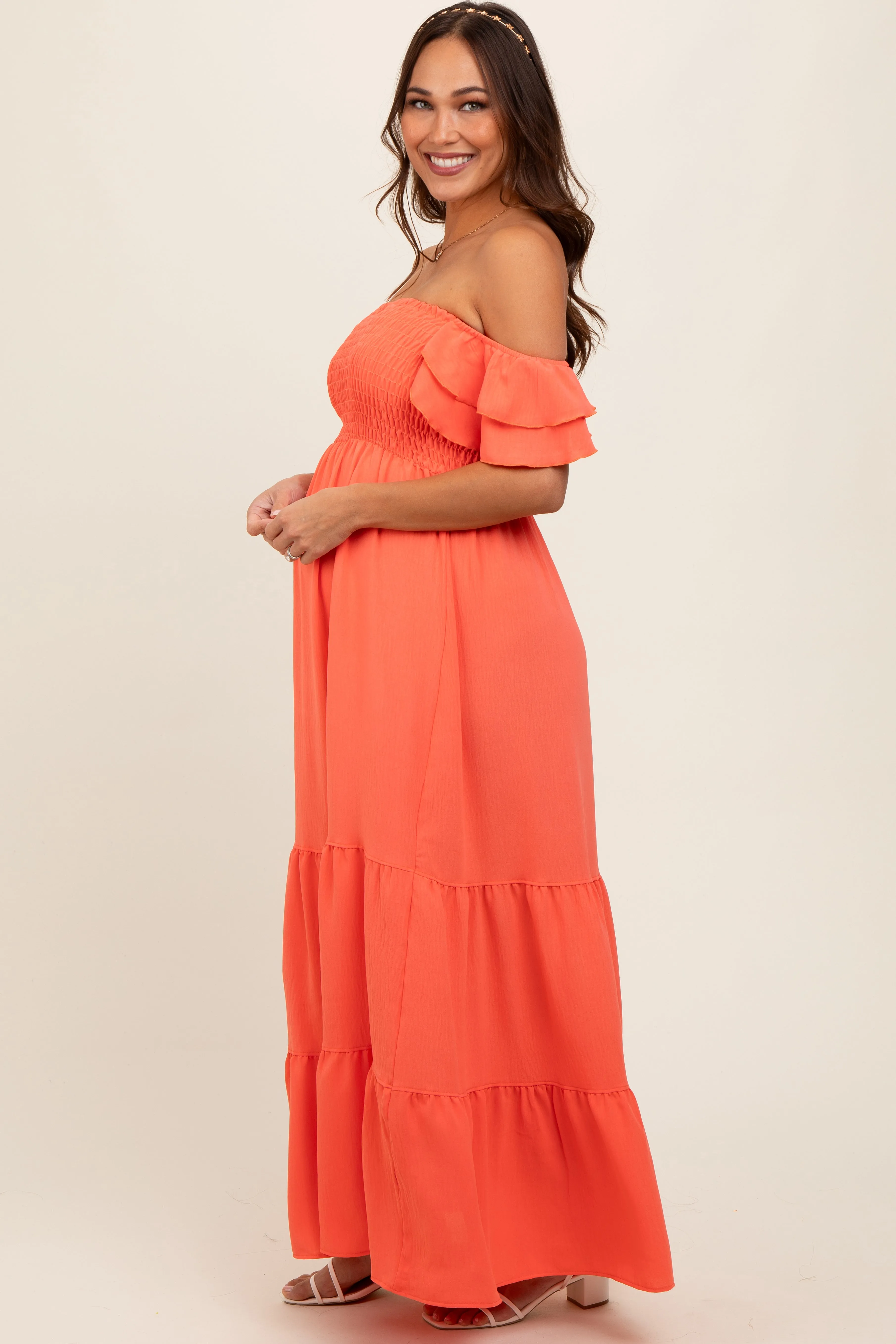 Orange Smocked Ruffle Off Shoulder Tiered Maternity Maxi Dress sold by Pinkblush product image thumbnail 3