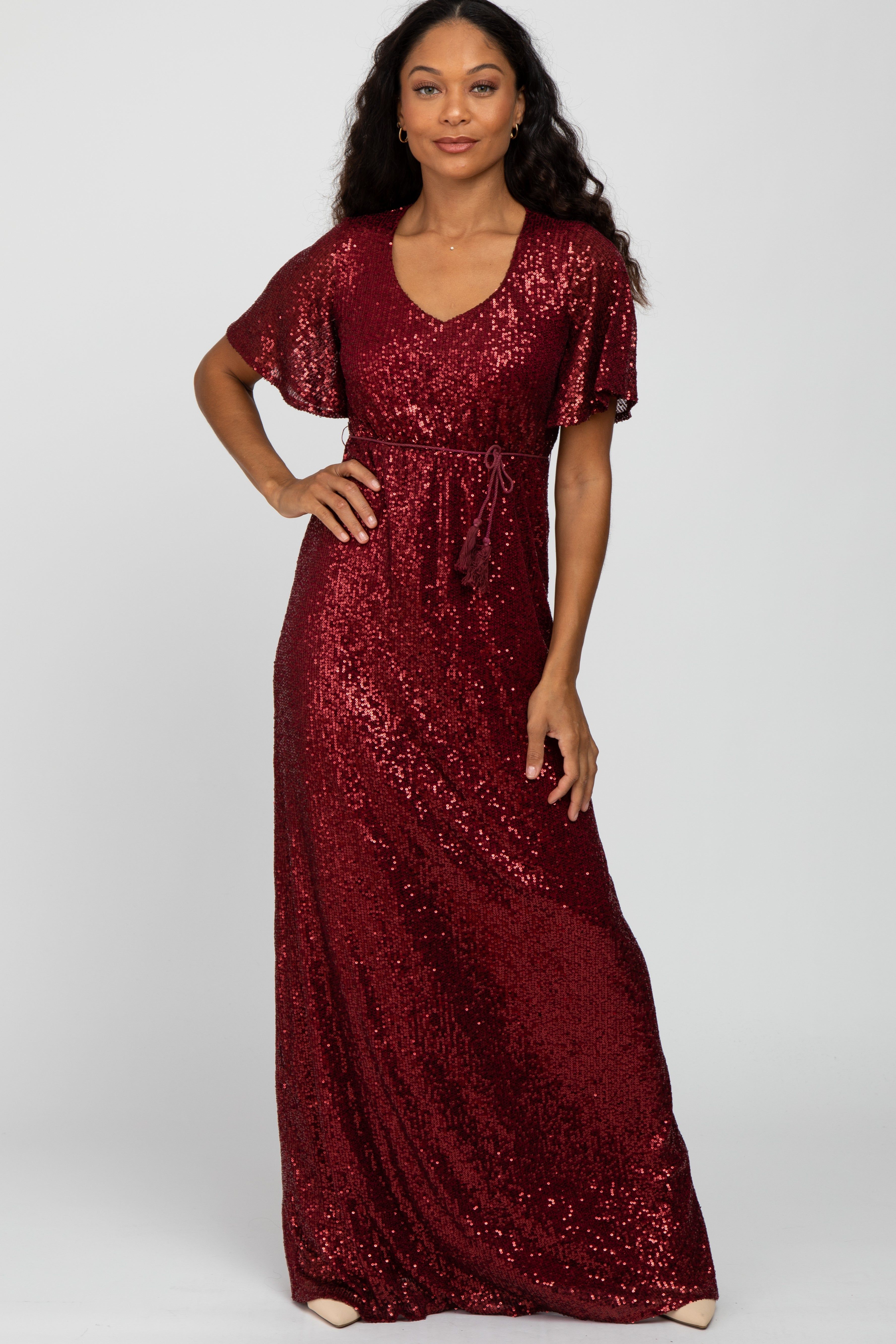 Burgundy Sequin Short Sleeve Maxi Dress sold by Pinkblush