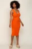 Orange Ribbed Knit Fitted V-Neck Midi Dress sold by Pinkblush