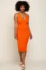 Orange Ribbed Knit Fitted V-Neck Midi Dress sold by Pinkblush