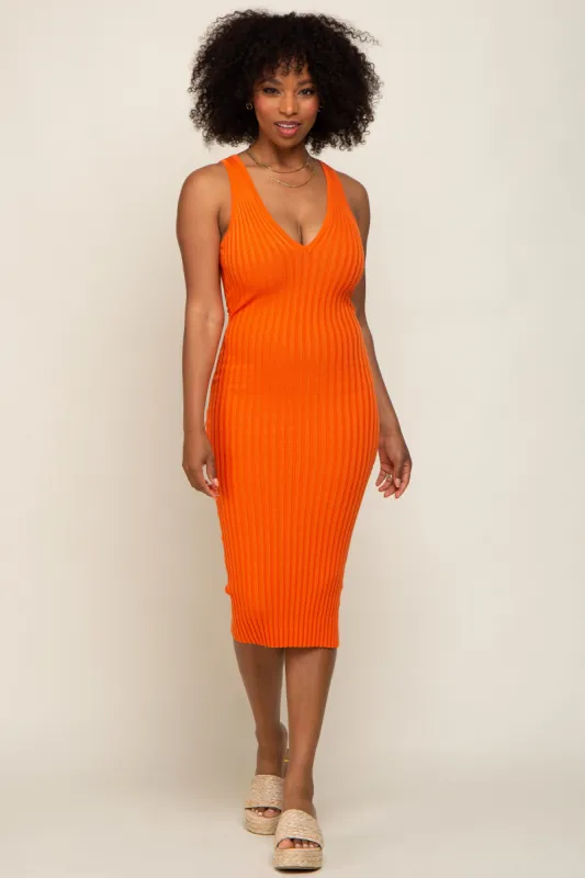 Orange Ribbed Knit Fitted V-Neck Midi Dress sold by Pinkblush