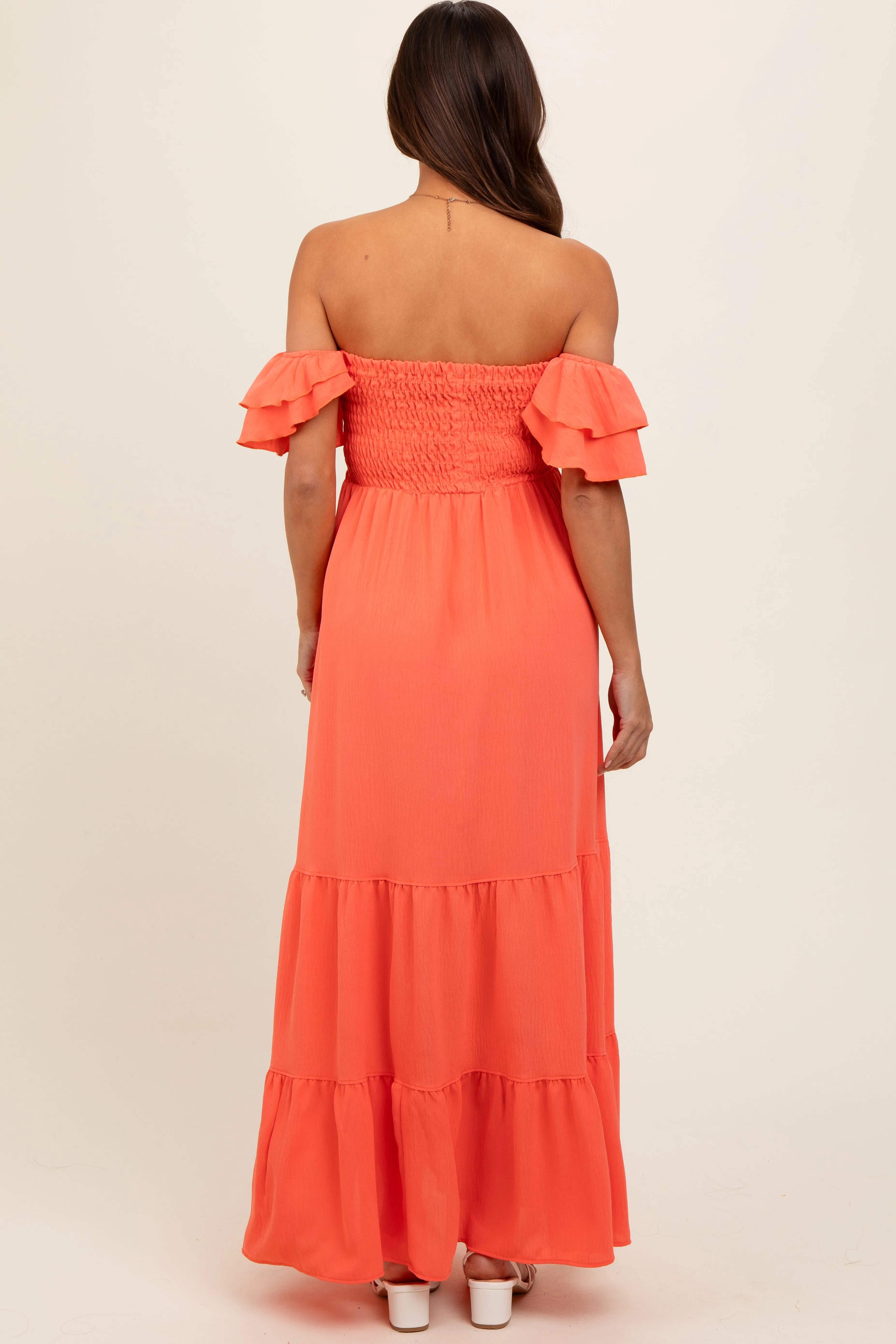 Orange Smocked Ruffle Off Shoulder Tiered Maternity Maxi Dress sold by Pinkblush product image thumbnail 4