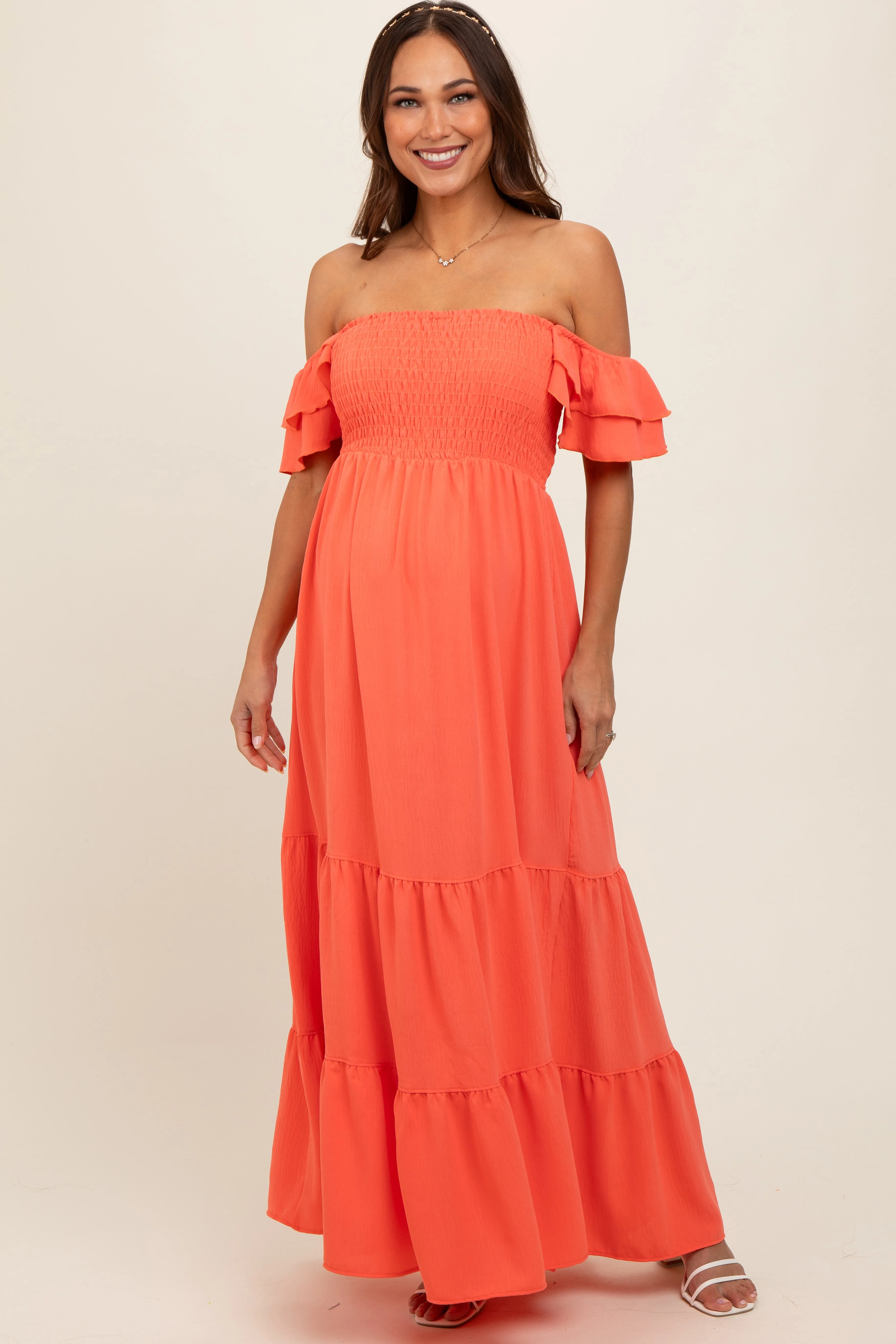 Orange Smocked Ruffle Off Shoulder Tiered Maternity Maxi Dress sold by Pinkblush
