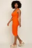 Orange Ribbed Knit Fitted V-Neck Midi Dress sold by Pinkblush
