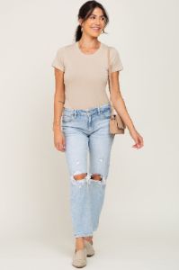 Beige Basic Crew Neck Tee sold by Pinkblush