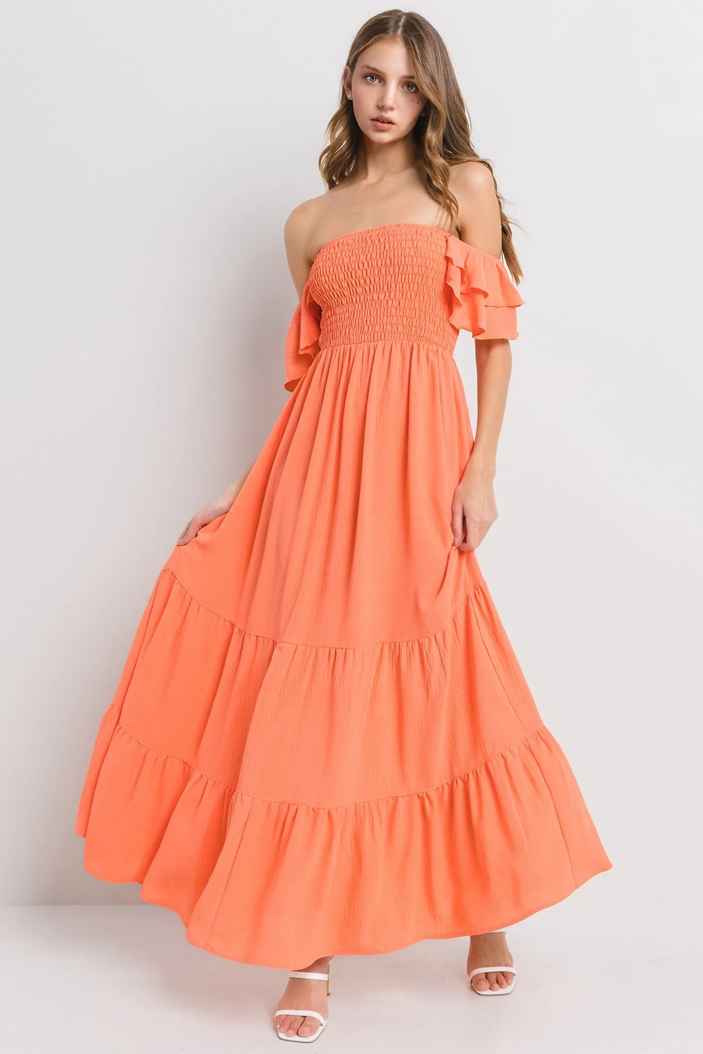 Orange Smocked Ruffle Off Shoulder Tiered Maternity Maxi Dress sold by Pinkblush product image thumbnail 5