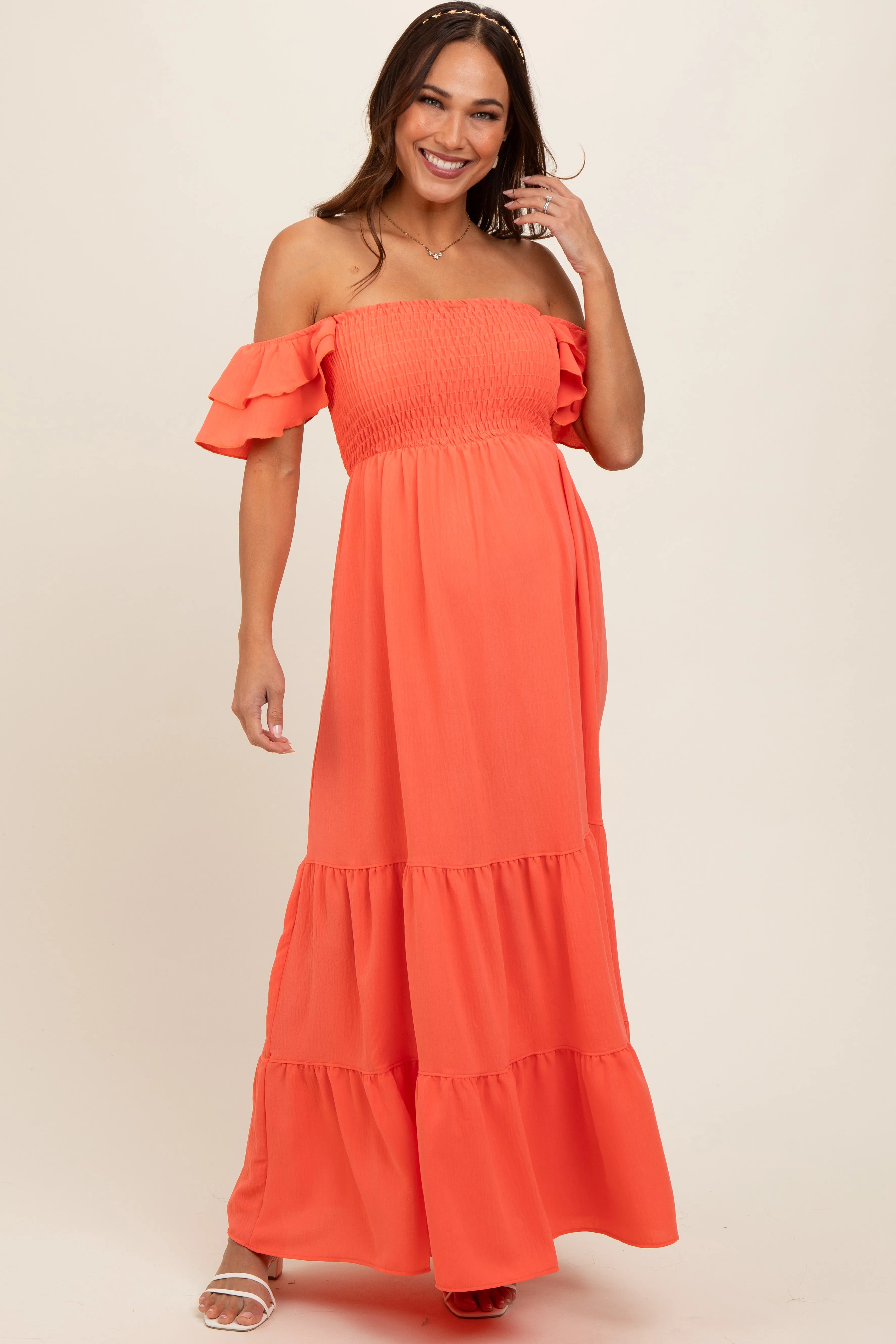 Orange Smocked Ruffle Off Shoulder Tiered Maternity Maxi Dress sold by Pinkblush product image thumbnail 2