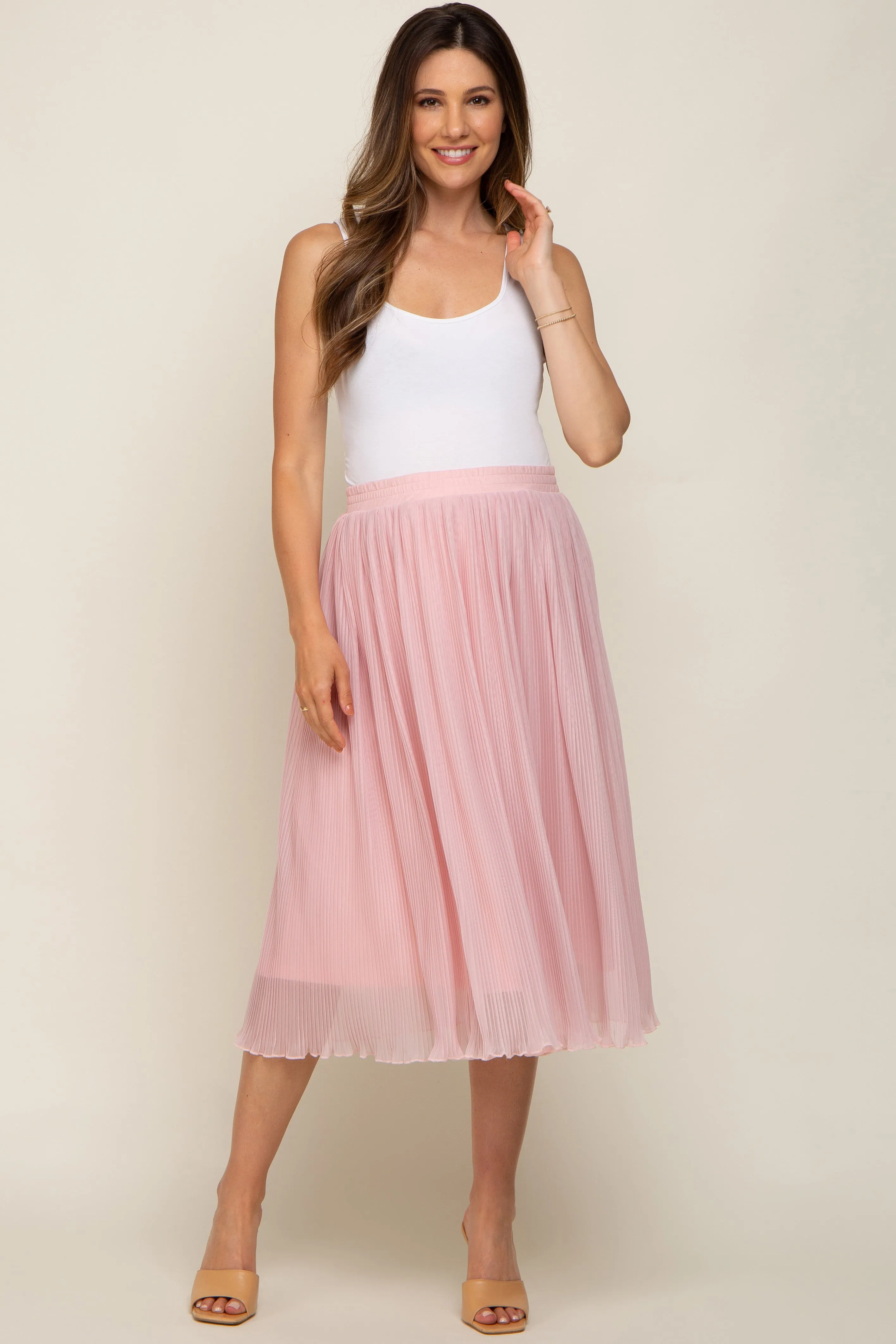 Pink Pleated Maternity Midi Skirt sold by Pinkblush