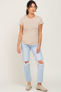 Beige Basic Crew Neck Tee sold by Pinkblush