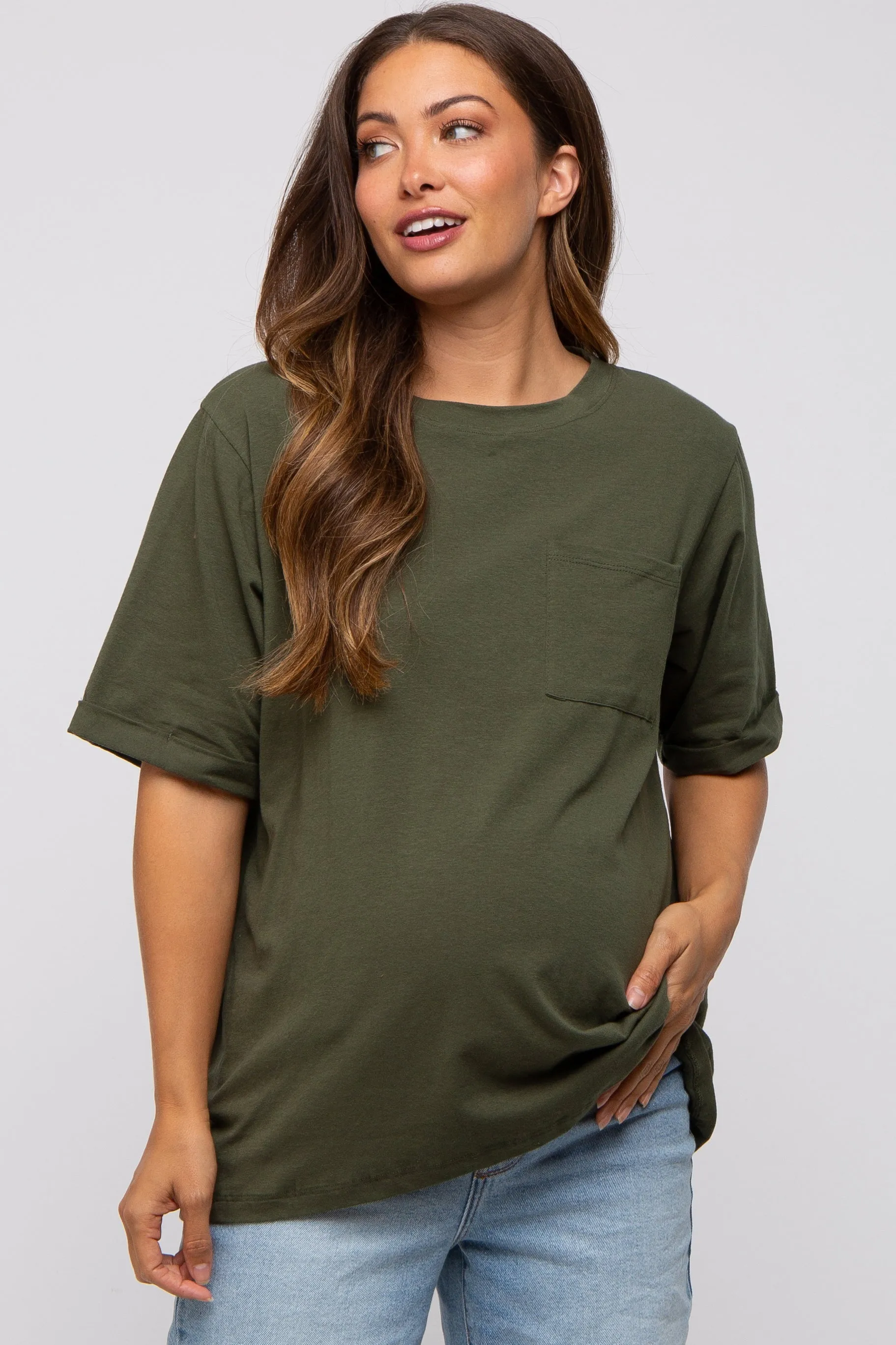 Green Oversized Pocket Front Short Sleeve Maternity Top sold by Pinkblush