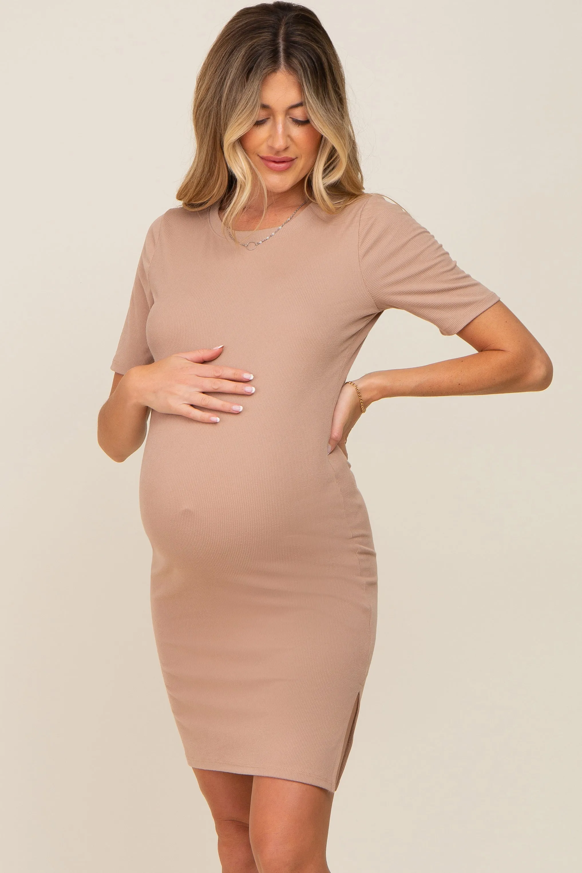 Taupe Ribbed Basic Short Sleeve Maternity Dress sold by Pinkblush product image thumbnail 2