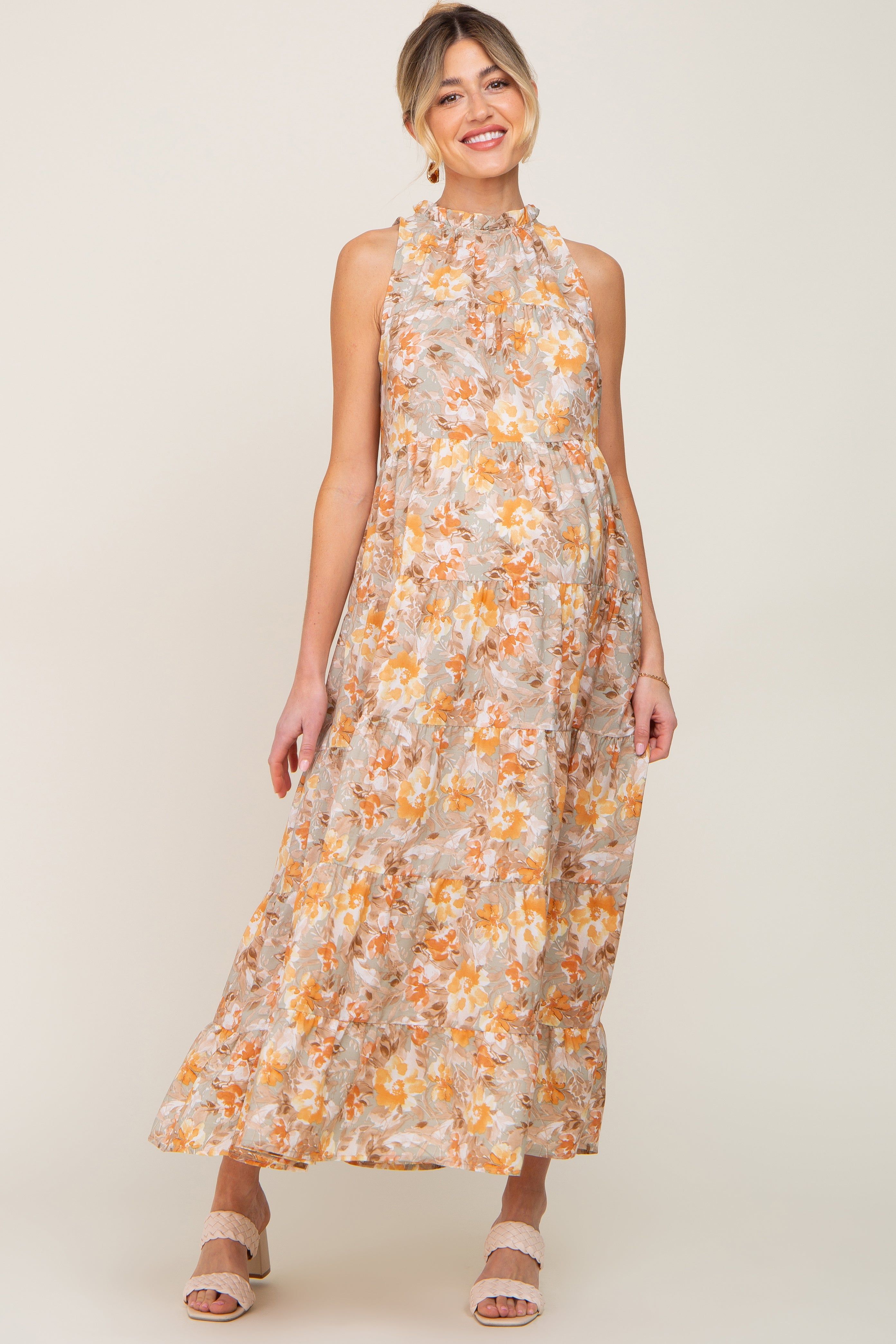 Taupe Floral Ruffle Mock Neck Tiered Maternity Maxi Dress sold by Pinkblush product image thumbnail 5