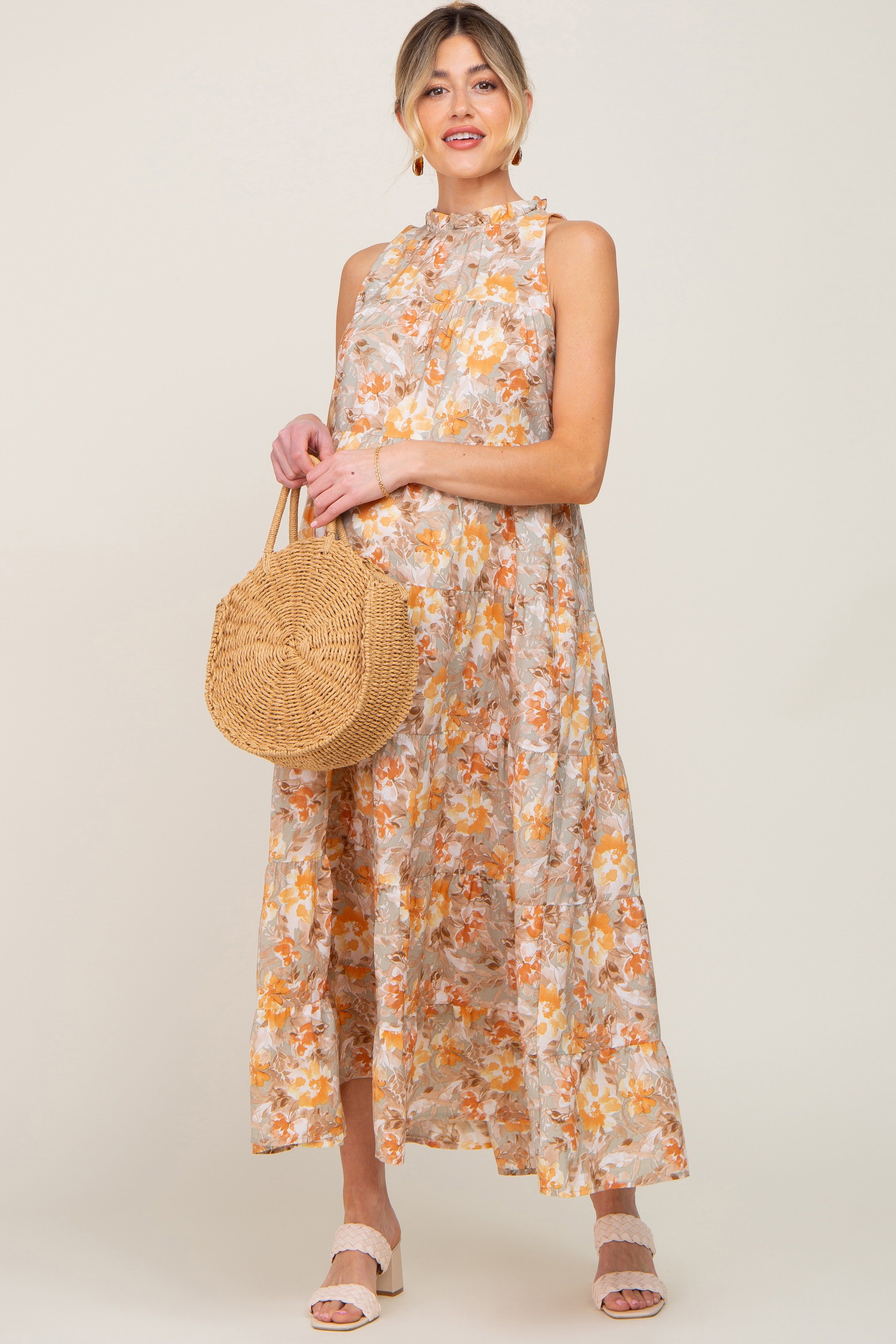 Taupe Floral Ruffle Mock Neck Tiered Maternity Maxi Dress sold by Pinkblush product image thumbnail 2