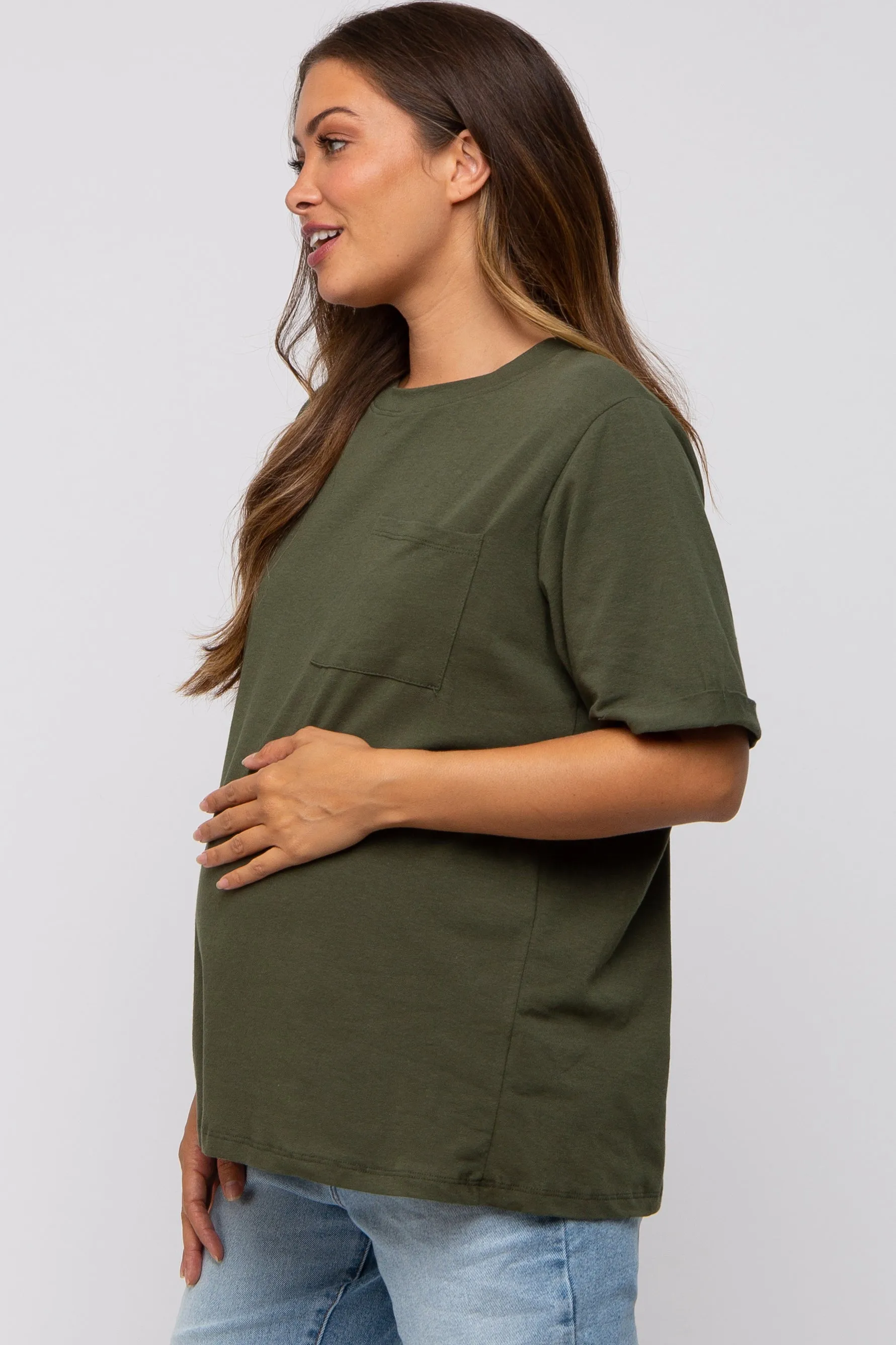 Green Oversized Pocket Front Short Sleeve Maternity Top sold by Pinkblush product image thumbnail 2