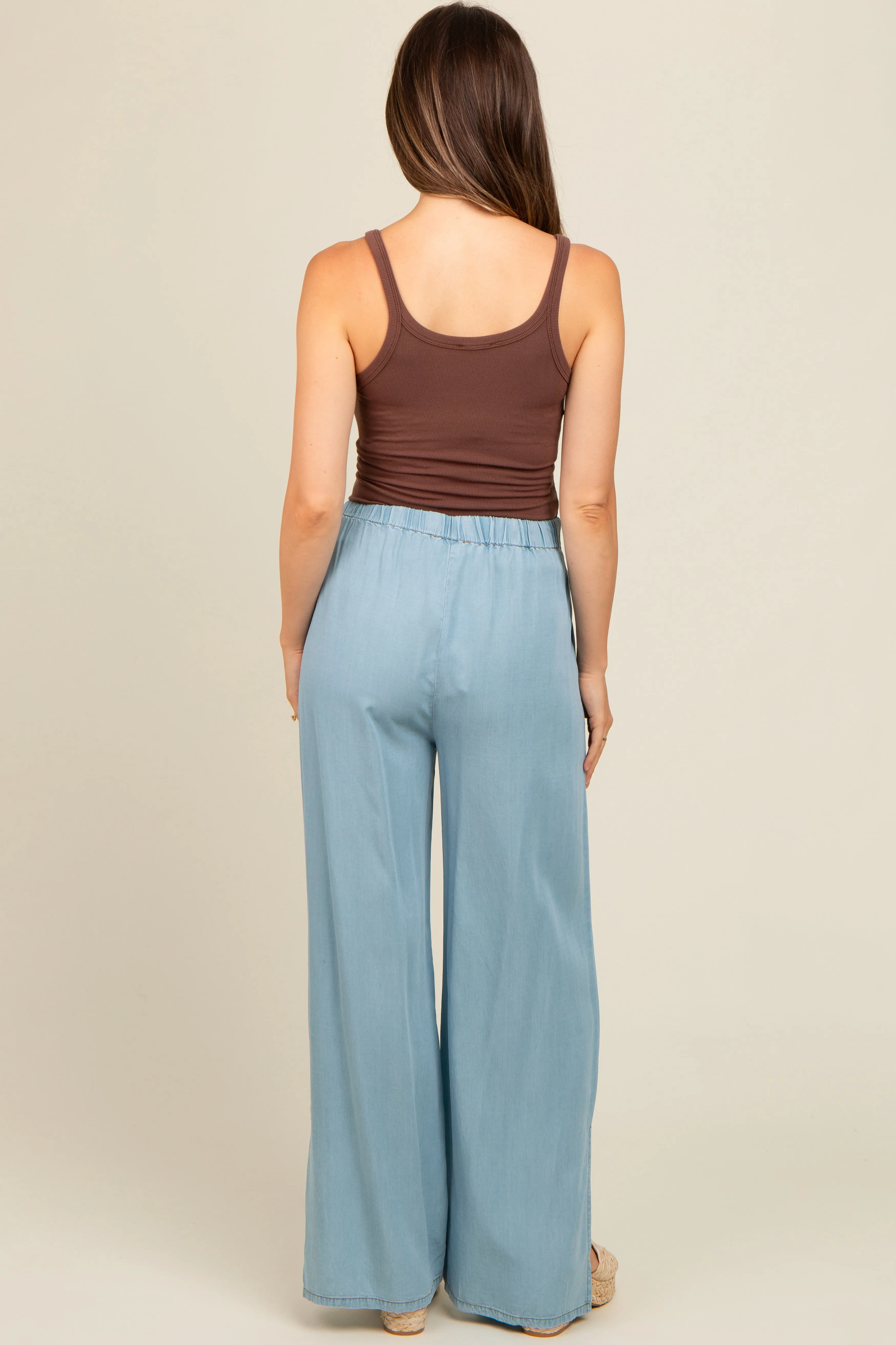 Light Blue Chambray Wide Leg Drawstring Maternity Pants sold by Pinkblush product image thumbnail 3
