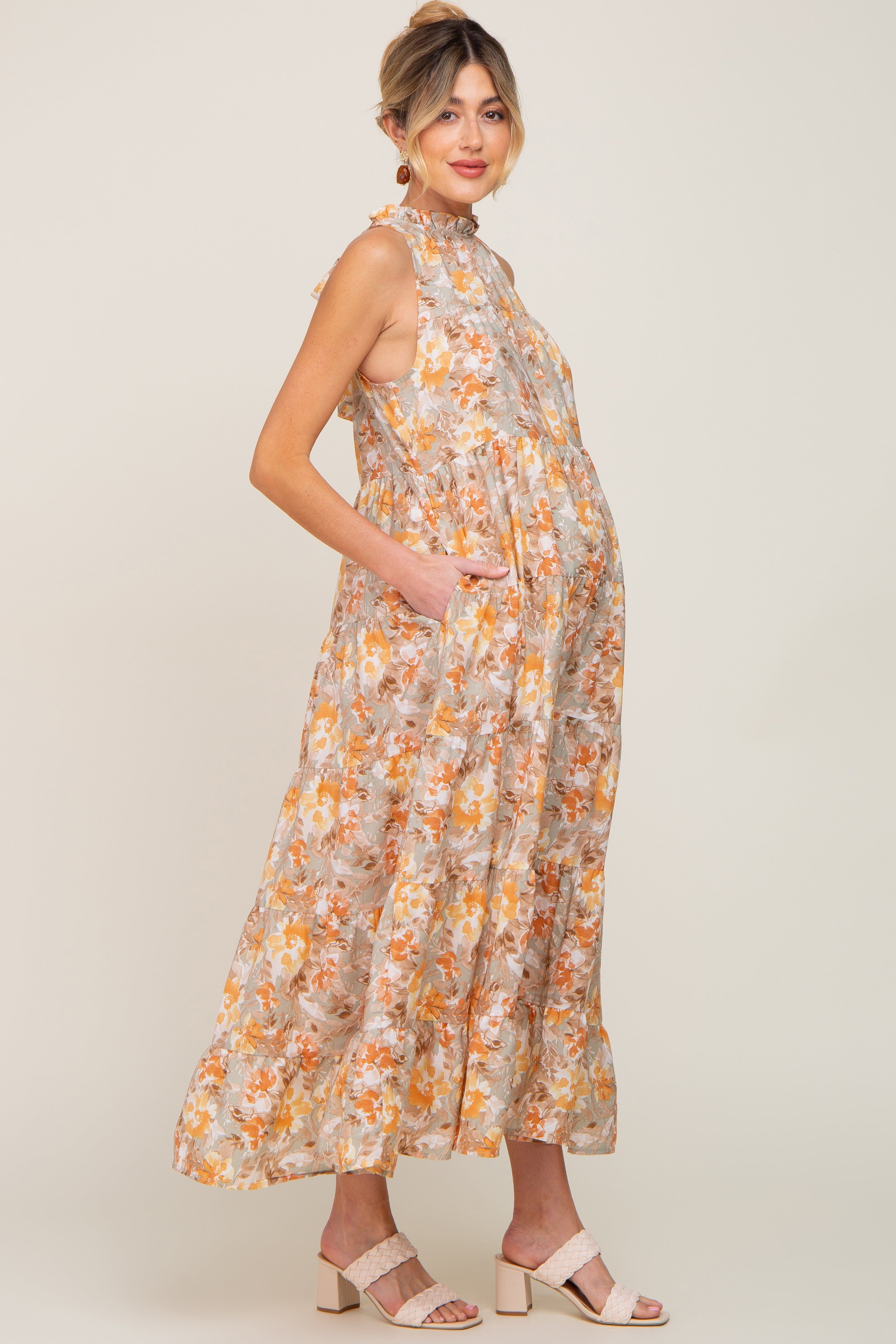 Taupe Floral Ruffle Mock Neck Tiered Maternity Maxi Dress sold by Pinkblush product image thumbnail 3