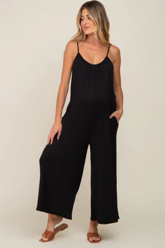 Black Basic Cropped Wide Leg Maternity Jumpsuit sold by Pinkblush
