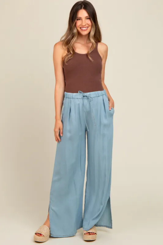 Light Blue Chambray Wide Leg Drawstring Maternity Pants sold by Pinkblush